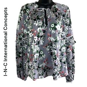 INC International Concepts Floral Print Sheer Long Sleeves Blouse Size M
